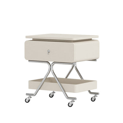Contemporary Industrial Plywood Stainless Steel Faux Leather Rectangular Movable End Table 1-Drawer For Living Room & Bedroom