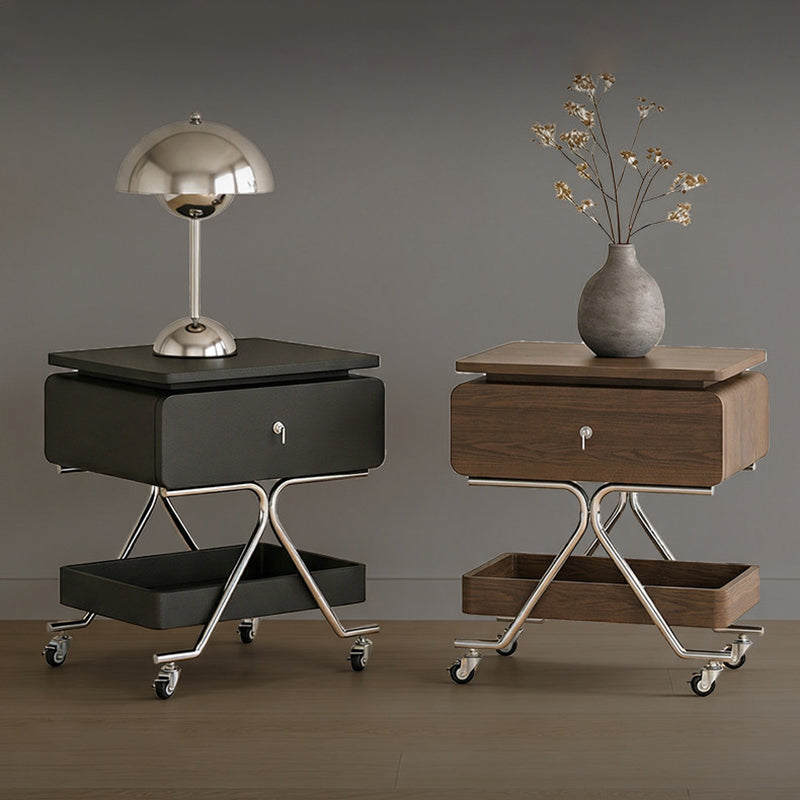 Contemporary Industrial Plywood Stainless Steel Faux Leather Rectangular Movable End Table 1-Drawer For Living Room & Bedroom