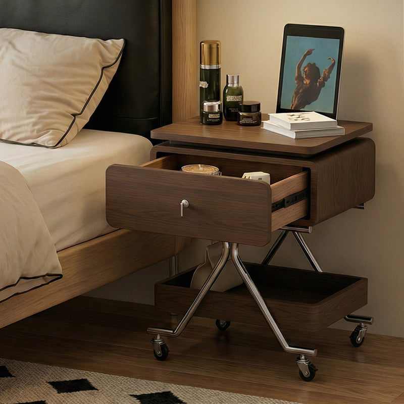 Contemporary Industrial Plywood Stainless Steel Faux Leather Rectangular Movable End Table 1-Drawer For Living Room & Bedroom
