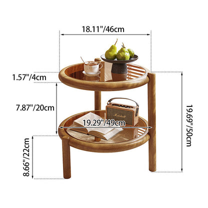 Traditional Rustic Plywood Removable Glass Tabletop Round End Table 2-Tier For Living Room