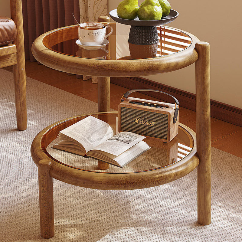Traditional Rustic Plywood Removable Glass Tabletop Round End Table 2-Tier For Living Room