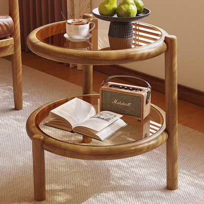Traditional Rustic Plywood Removable Glass Tabletop Round End Table 2-Tier For Living Room