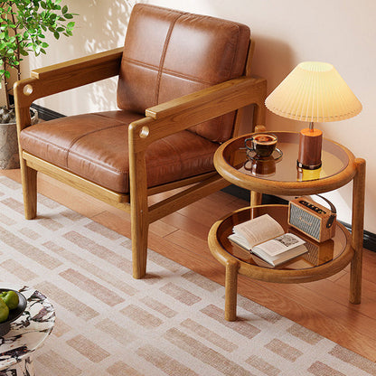 Traditional Rustic Plywood Removable Glass Tabletop Round End Table 2-Tier For Living Room