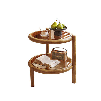 Traditional Rustic Plywood Removable Glass Tabletop Round End Table 2-Tier For Living Room