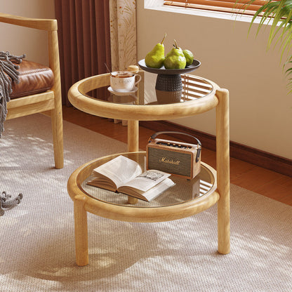 Traditional Rustic Plywood Removable Glass Tabletop Round End Table 2-Tier For Living Room