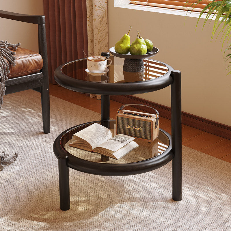 Traditional Rustic Plywood Removable Glass Tabletop Round End Table 2-Tier For Living Room
