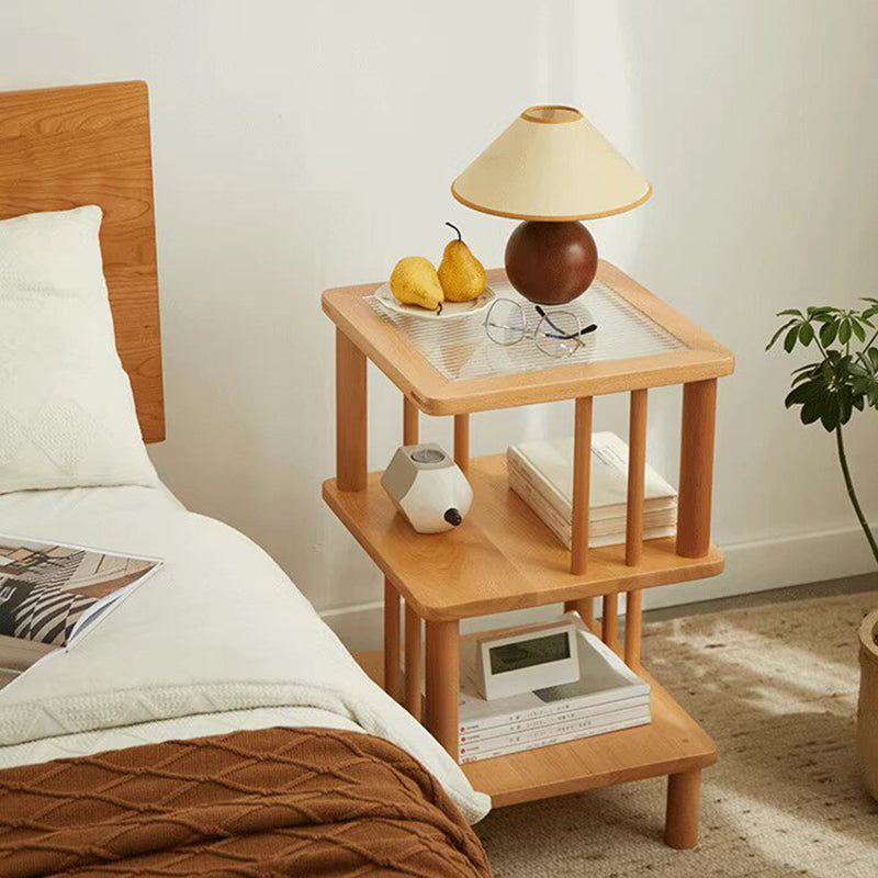 Traditional Japanese Beech Wood Glass Offset Geometric End Table 3-Tier For Living Room