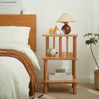 Traditional Japanese Beech Wood Glass Offset Geometric End Table 3-Tier For Living Room