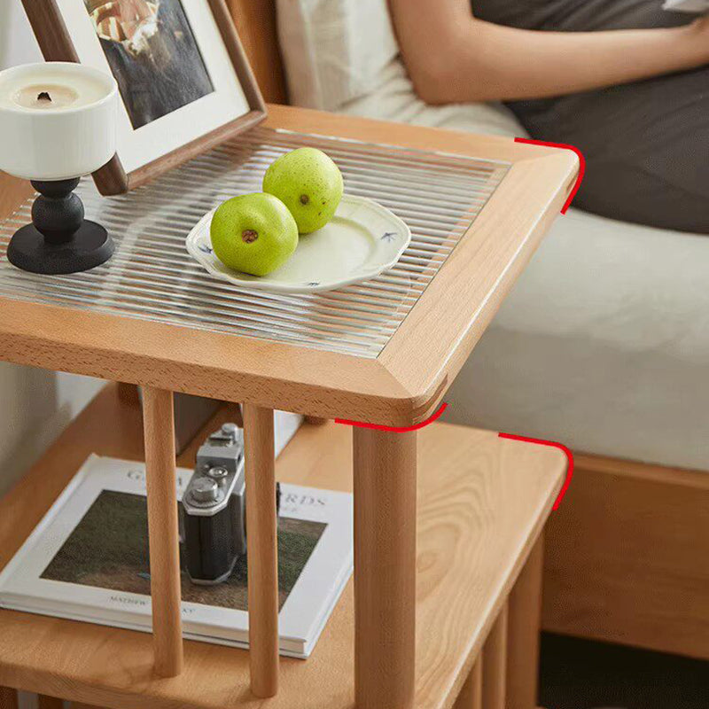 Traditional Japanese Beech Wood Glass Offset Geometric End Table 3-Tier For Living Room