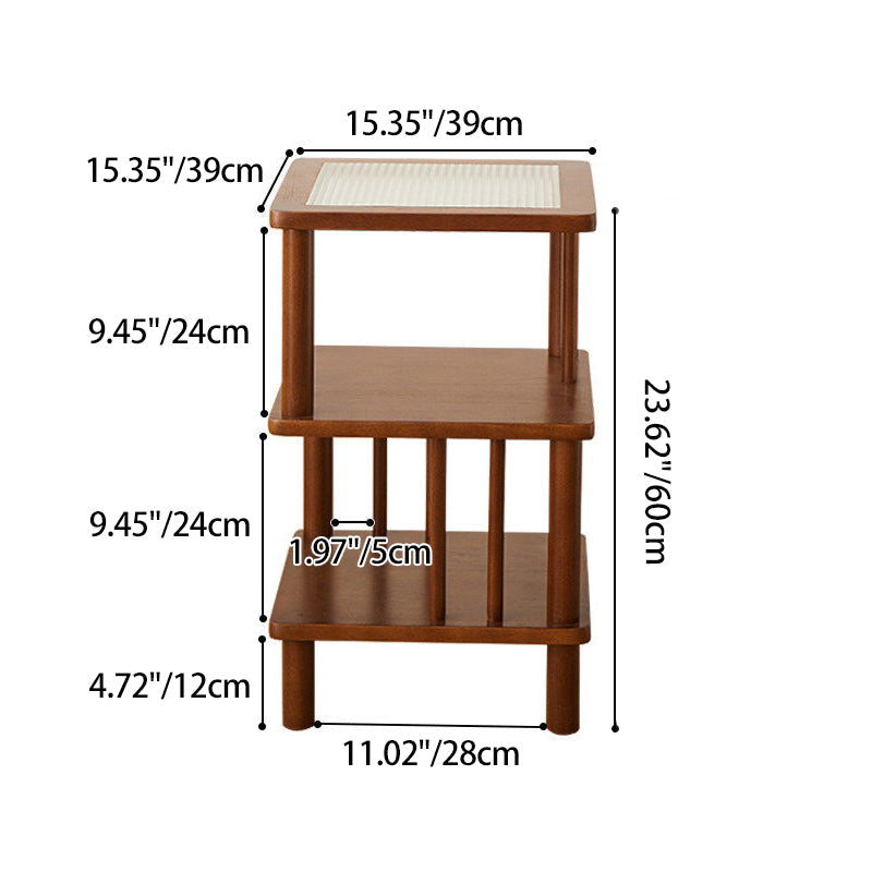 Traditional Japanese Beech Wood Glass Offset Geometric End Table 3-Tier For Living Room