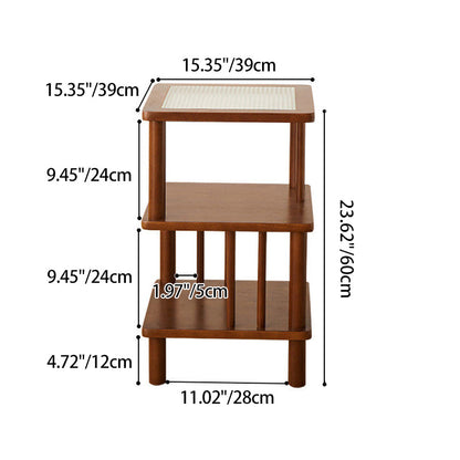 Traditional Japanese Beech Wood Glass Offset Geometric End Table 3-Tier For Living Room