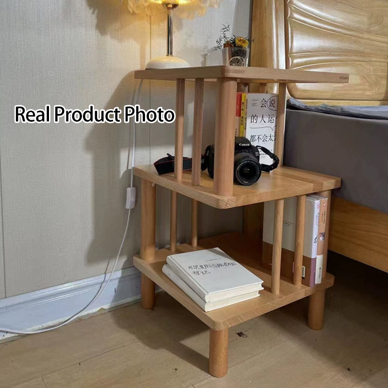Traditional Japanese Beech Wood Glass Offset Geometric End Table 3-Tier For Living Room