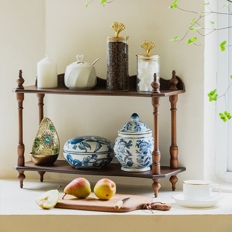 Traditional Vintage Rubberwood Ash Wood Veneer Rectangular Desktop Display Rack 2/3-Layer For Living Room & Bedroom