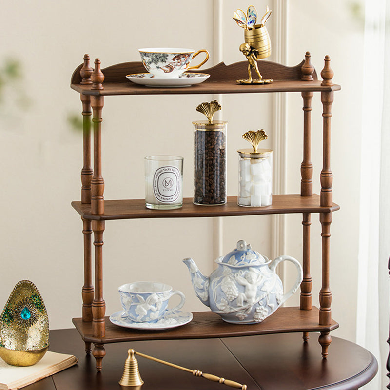 Traditional Vintage Rubberwood Ash Wood Veneer Rectangular Desktop Display Rack 2/3-Layer For Living Room & Bedroom