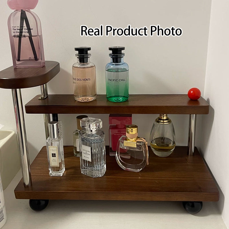 Contemporary Retro Stainless Steel Solid Wood Rectangular Lightweight Desktop Display Rack 3-Tier For Living Room & Entryway