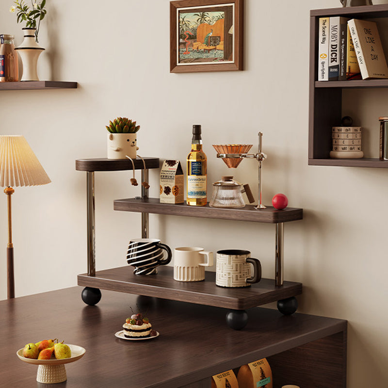 Contemporary Retro Stainless Steel Solid Wood Rectangular Lightweight Desktop Display Rack 3-Tier For Living Room & Entryway