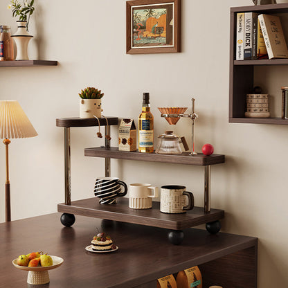 Contemporary Retro Stainless Steel Solid Wood Rectangular Lightweight Desktop Display Rack 3-Tier For Living Room & Entryway