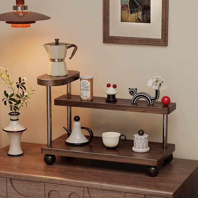 Contemporary Retro Stainless Steel Solid Wood Rectangular Lightweight Desktop Display Rack 3-Tier For Living Room & Entryway
