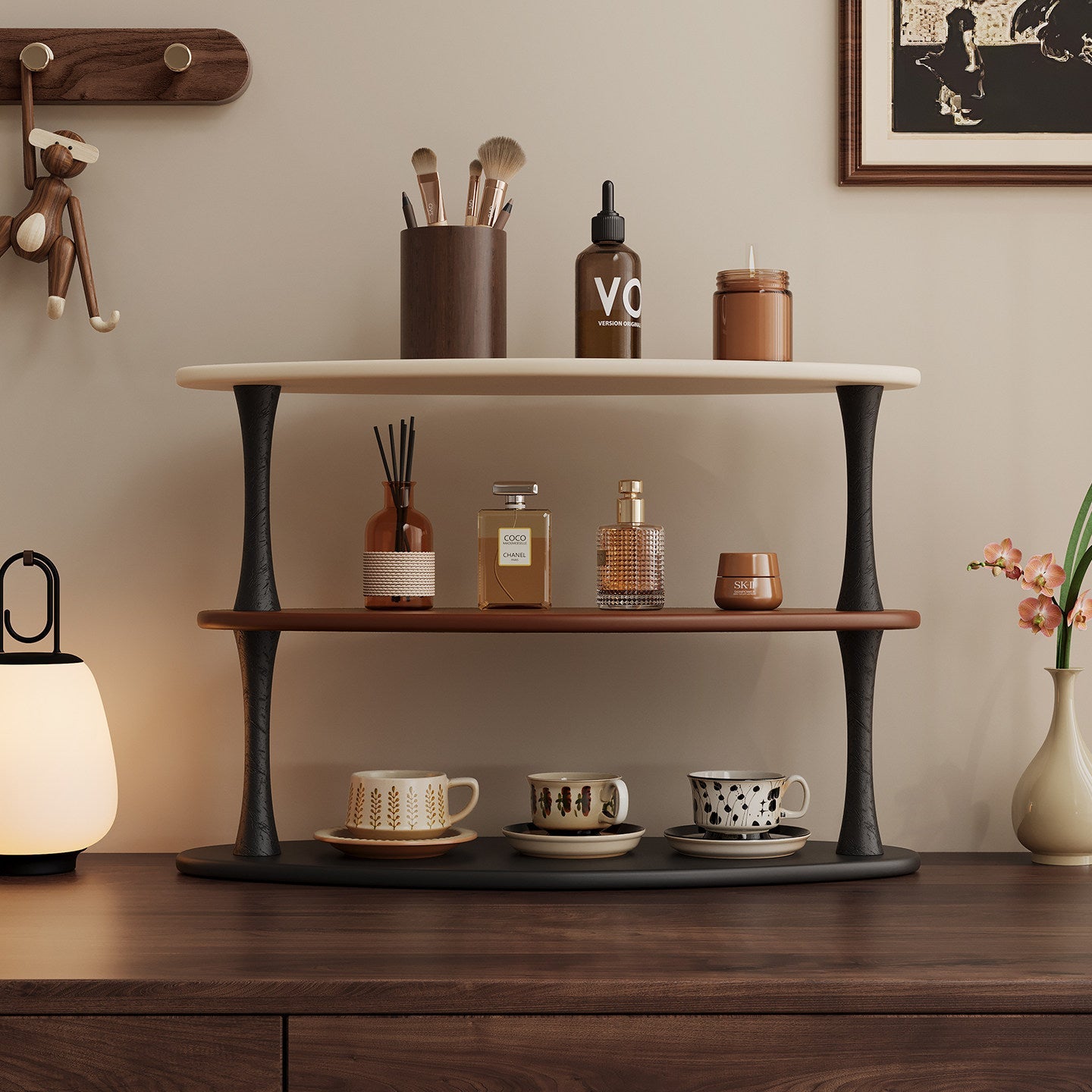 Contemporary Retro Rubberwood MDF Oval Lightweight Desktop Storage Shelf 3-Layer For Living Room & Entryway