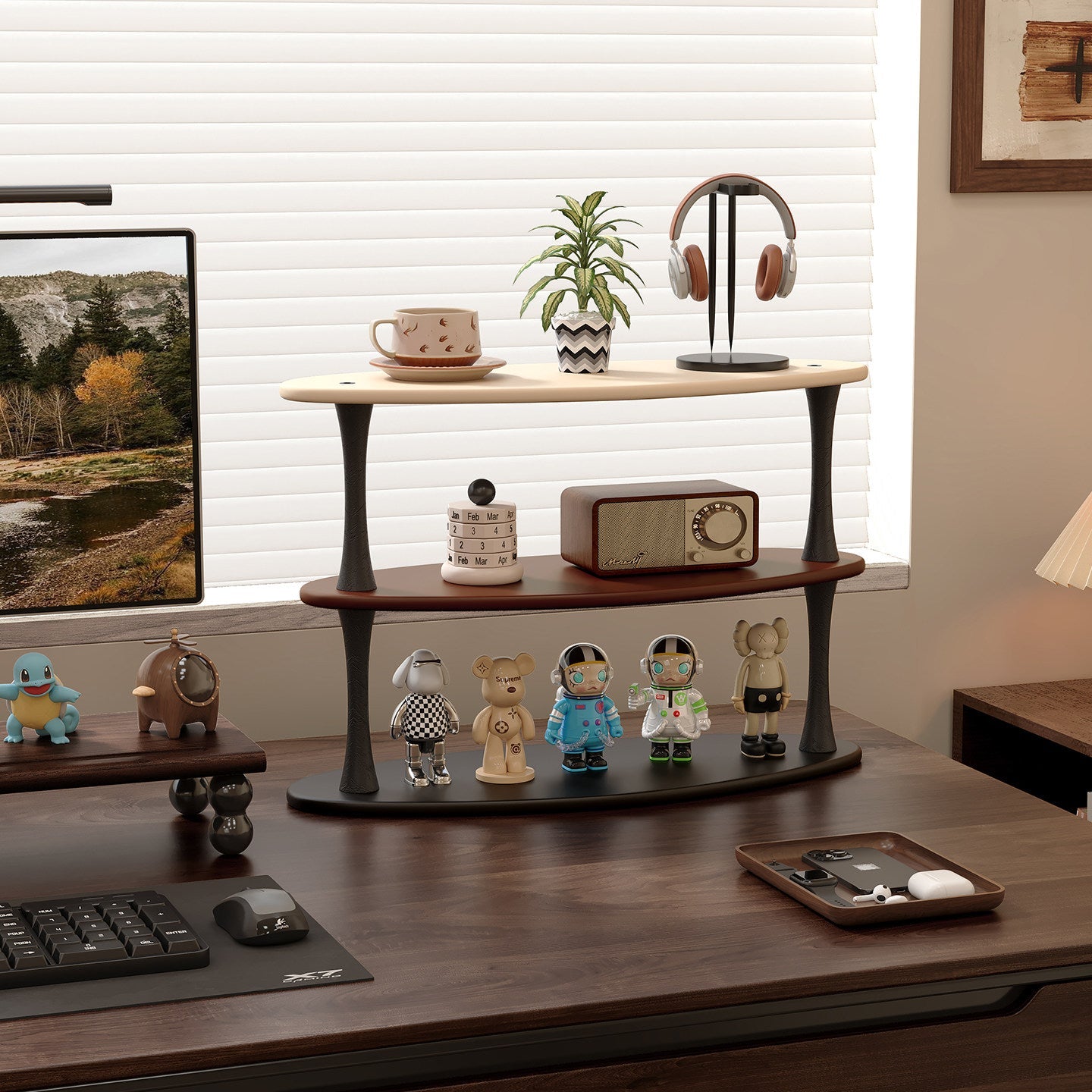 Contemporary Retro Rubberwood MDF Oval Lightweight Desktop Storage Shelf 3-Layer For Living Room & Entryway