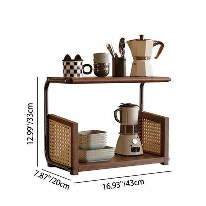 Traditional Rustic Walnut Wood Stainless Steel PVC Rattan Weaving C-Shaped Storage Shelf 2-Tier Organizer For Dining Room & Entryway