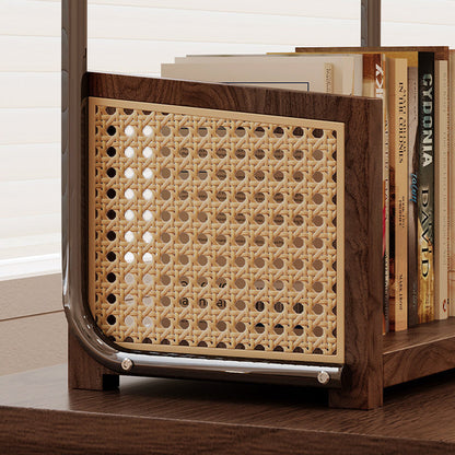 Traditional Rustic Walnut Wood Stainless Steel PVC Rattan Weaving C-Shaped Storage Shelf 2-Tier Organizer For Dining Room & Entryway