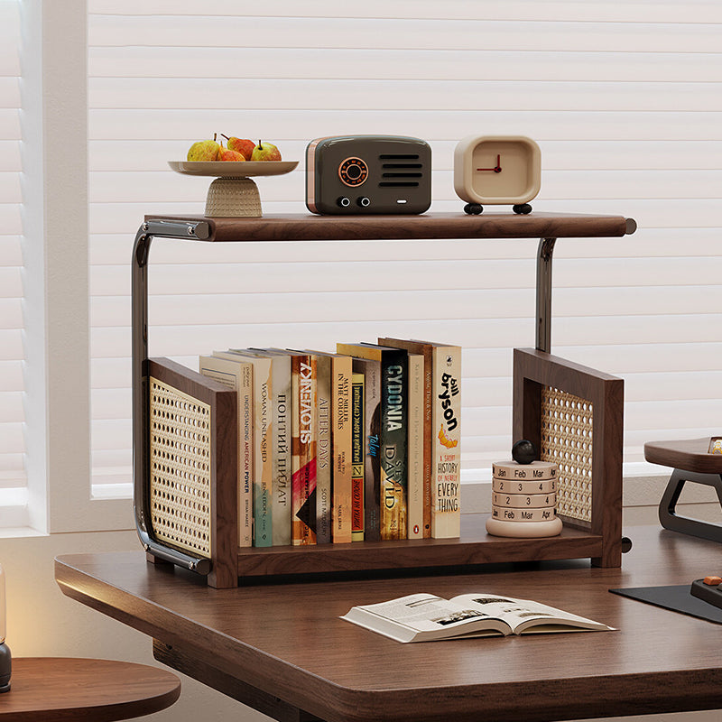 Traditional Rustic Walnut Wood Stainless Steel PVC Rattan Weaving C-Shaped Storage Shelf 2-Tier Organizer For Dining Room & Entryway