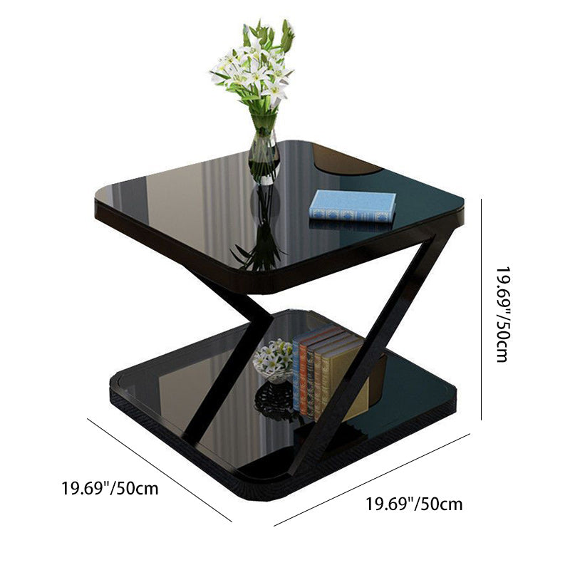Modern Minimalist Tempered Glass Stainless Steel Z-Shaped Rounded End Table With 2-Tier For Living Room