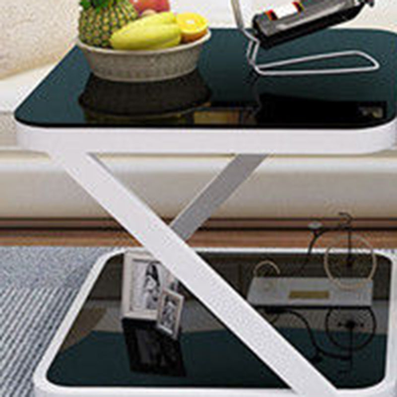 Modern Minimalist Tempered Glass Stainless Steel Z-Shaped Rounded End Table With 2-Tier For Living Room