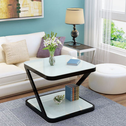 Modern Minimalist Tempered Glass Stainless Steel Z-Shaped Rounded End Table With 2-Tier For Living Room