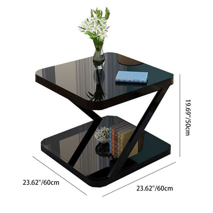 Modern Minimalist Tempered Glass Stainless Steel Z-Shaped Rounded End Table With 2-Tier For Living Room