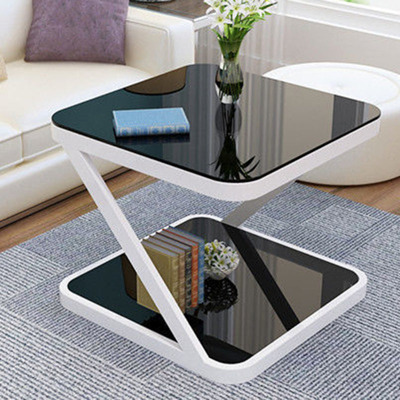 Modern Minimalist Tempered Glass Stainless Steel Z-Shaped Rounded End Table With 2-Tier For Living Room