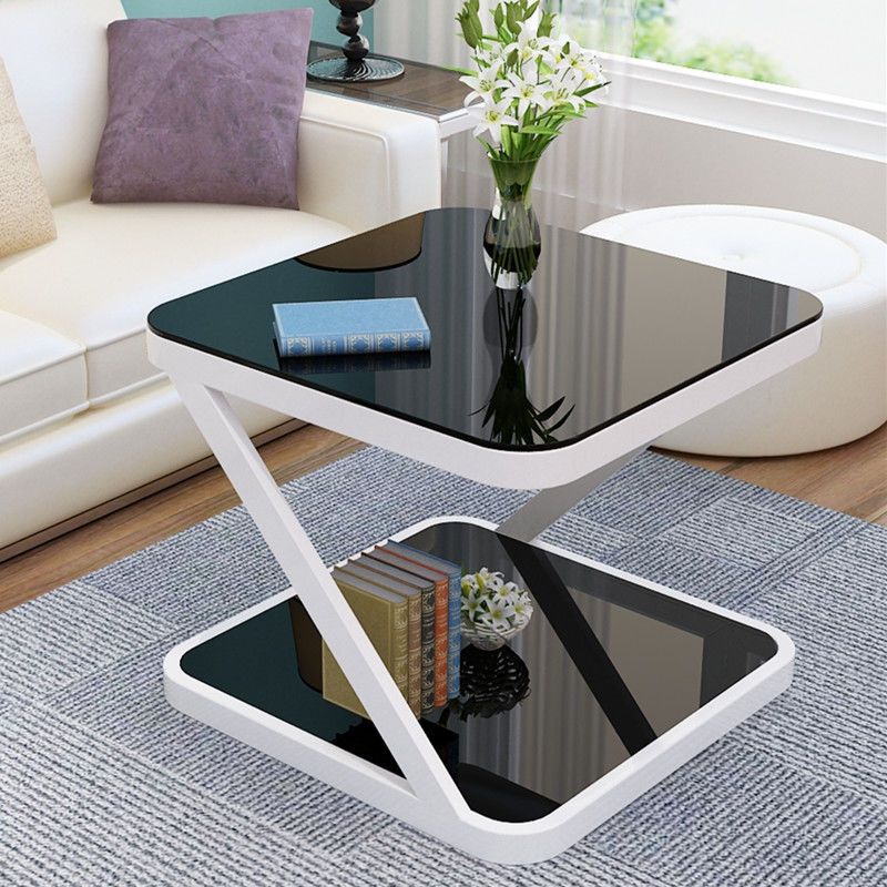 Modern Minimalist Tempered Glass Stainless Steel Z-Shaped Rounded End Table With 2-Tier For Living Room