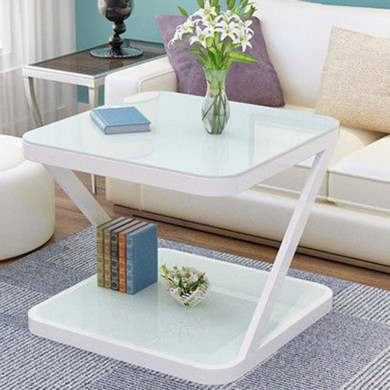 Modern Minimalist Tempered Glass Stainless Steel Z-Shaped Rounded End Table With 2-Tier For Living Room