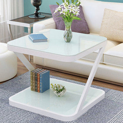 Modern Minimalist Tempered Glass Stainless Steel Z-Shaped Rounded End Table With 2-Tier For Living Room