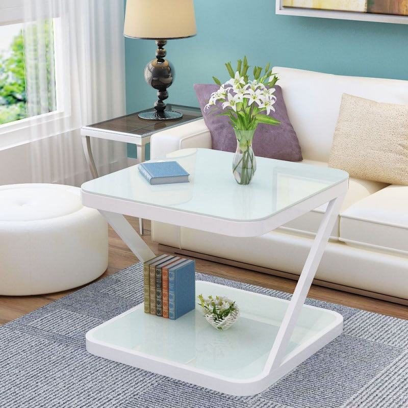 Modern Minimalist Tempered Glass Stainless Steel Z-Shaped Rounded End Table With 2-Tier For Living Room