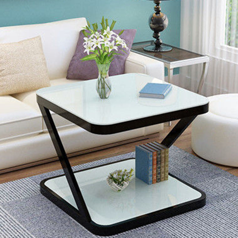 Modern Minimalist Tempered Glass Stainless Steel Z-Shaped Rounded End Table With 2-Tier For Living Room