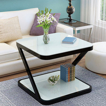 Modern Minimalist Tempered Glass Stainless Steel Z-Shaped Rounded End Table With 2-Tier For Living Room
