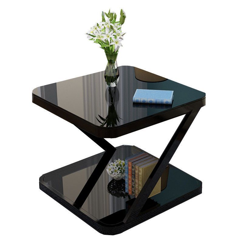 Modern Minimalist Tempered Glass Stainless Steel Z-Shaped Rounded End Table With 2-Tier For Living Room