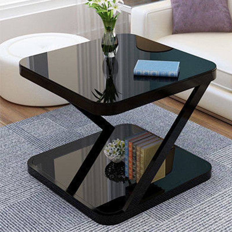 Modern Minimalist Tempered Glass Stainless Steel Z-Shaped Rounded End Table With 2-Tier For Living Room