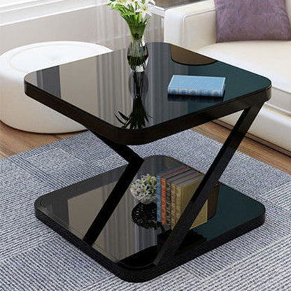 Modern Minimalist Tempered Glass Stainless Steel Z-Shaped Rounded End Table With 2-Tier For Living Room
