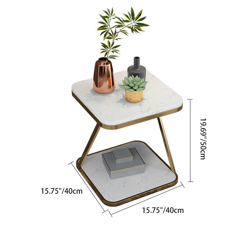 Contemporary Scandinavian Marble Iron Rounded Square End Table With 2-Tier For Living Room