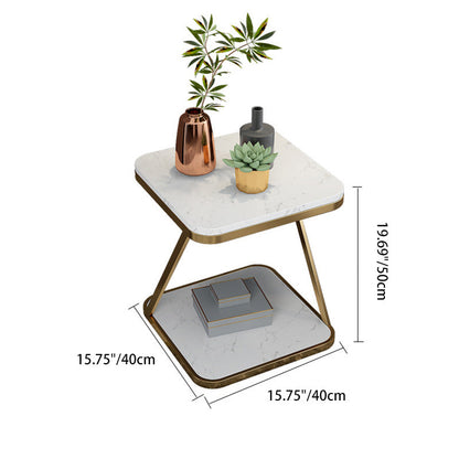 Contemporary Scandinavian Marble Iron Rounded Square End Table With 2-Tier For Living Room