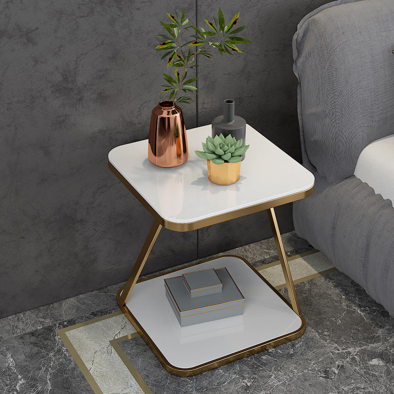 Contemporary Scandinavian Marble Iron Rounded Square End Table With 2-Tier For Living Room