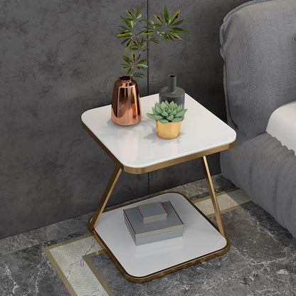 Contemporary Scandinavian Marble Iron Rounded Square End Table With 2-Tier For Living Room