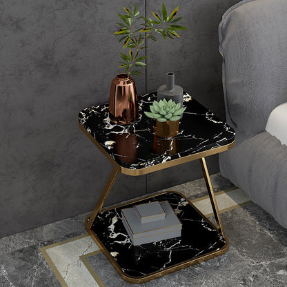 Contemporary Scandinavian Marble Iron Rounded Square End Table With 2-Tier For Living Room