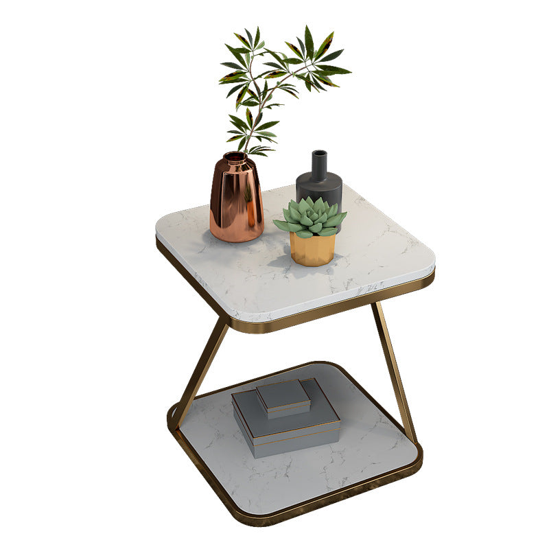 Contemporary Scandinavian Marble Iron Rounded Square End Table With 2-Tier For Living Room