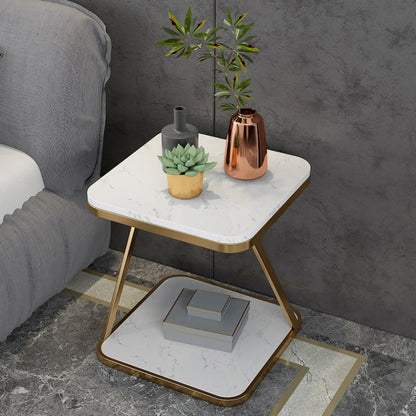 Contemporary Scandinavian Marble Iron Rounded Square End Table With 2-Tier For Living Room