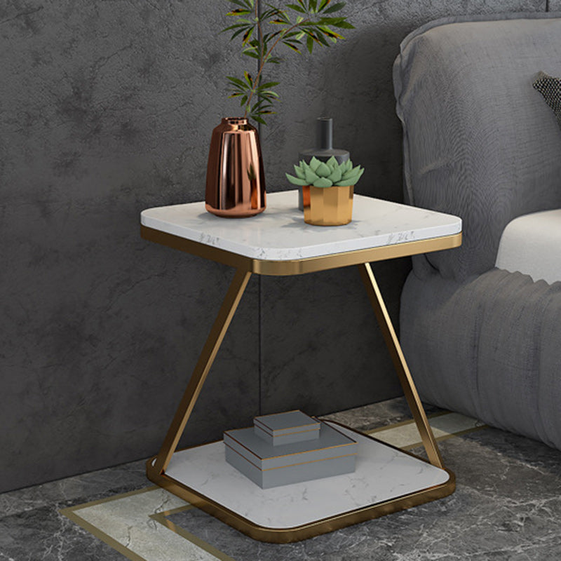 Contemporary Scandinavian Marble Iron Rounded Square End Table With 2-Tier For Living Room