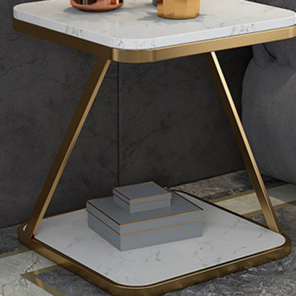 Contemporary Scandinavian Marble Iron Rounded Square End Table With 2-Tier For Living Room